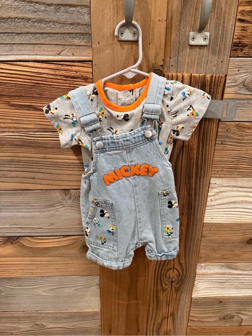 Disney Light Blue Denim Mickey Overalls Set with Grey Tee and Orange Trim
